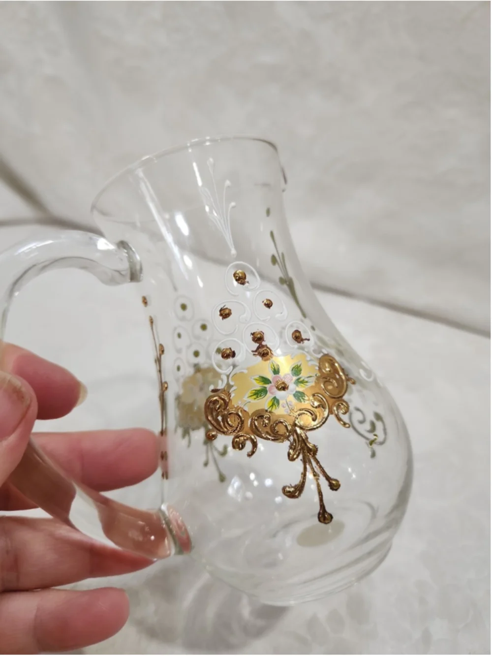 Vintage Murano Glass Small Pitcher 24K Gold Venetian Tre Fuochi Enamel Floral 5